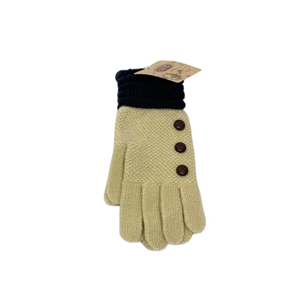 Clear Creek Knit Fall Gloves Cream Light Tan With Navy Trim & Button Detail Nwt
